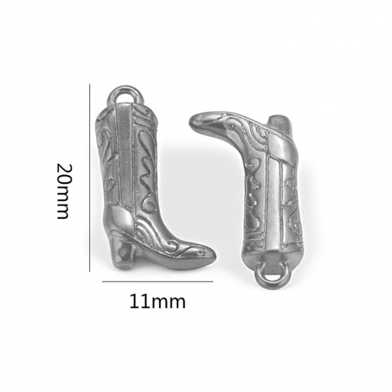 1 個 304ステンレス鋼 ウエストカウボーイ チャーム ブーツ シルバートーン 彫刻 3D 20mm x 11mm、 の画像