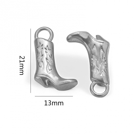 1 個 304ステンレス鋼 ウエストカウボーイ チャーム ブーツ シルバートーン 彫刻 3D 20mm x 13mm、 の画像