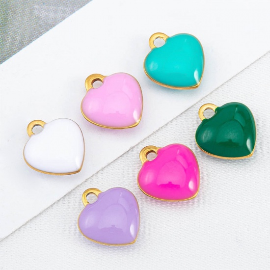 Immagine di 10 Pz 304 Acciaio Inossidabile San Valentino Ciondoli Cuore Oro Placcato A Colori Misti Casuali Smalto 9mm x 8mm