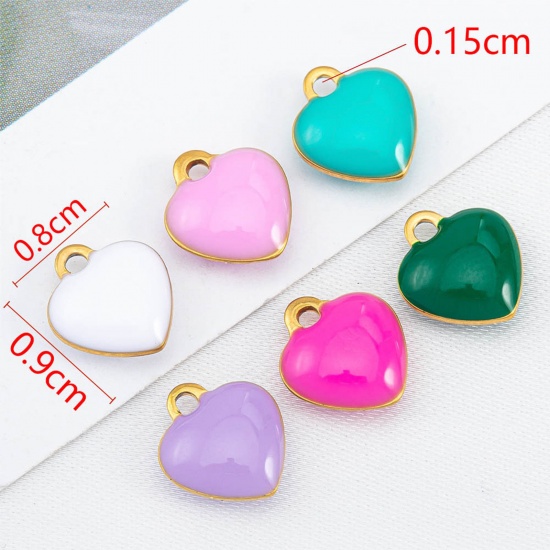Immagine di 10 Pz 304 Acciaio Inossidabile San Valentino Ciondoli Cuore Oro Placcato A Colori Misti Casuali Smalto 9mm x 8mm