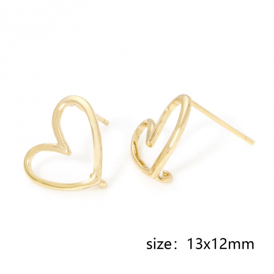 Picture of 1 Pair Eco-friendly Brass Valentine's Day Ear Post Stud Earring With Loop Connector Accessories 18K Real Gold Plated Heart Hollow 13mm x 12mm, Post/ Wire Size: (21 gauge)