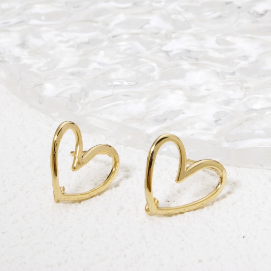 Picture of 1 Pair Eco-friendly Brass Valentine's Day Ear Post Stud Earring With Loop Connector Accessories 18K Real Gold Plated Heart Hollow 13mm x 12mm, Post/ Wire Size: (21 gauge)