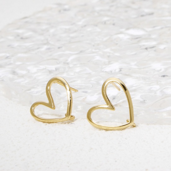 Picture of 1 Pair Eco-friendly Brass Valentine's Day Ear Post Stud Earring With Loop Connector Accessories 18K Real Gold Plated Heart Hollow 13mm x 12mm, Post/ Wire Size: (21 gauge)