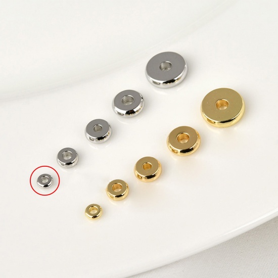 Picture of 20 PCs Brass Spacer Beads For DIY Bracelet Jewelry Making Findings Platinum Plated Flat Round About 3mm Dia., Hole: Approx 1.2mm