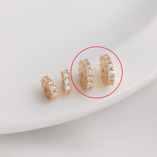 Picture of 2 PCs Eco-friendly Brass Spacer Beads For DIY Bracelet Jewelry Making Findings 14K Real Gold Plated Flat Round Gear Clear Cubic Zirconia About 8mm Dia.