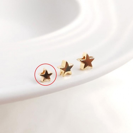 Picture of 10 PCs Eco-friendly Brass Beads For DIY Jewelry Making 14K Real Gold Plated Pentagram Star Smooth Blank About 4mm Dia., Hole: Approx 2.5mm