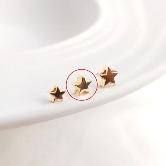 Picture of 10 PCs Eco-friendly Brass Beads For DIY Jewelry Making 14K Real Gold Plated Pentagram Star Smooth Blank About 5mm Dia., Hole: Approx 2.5mm