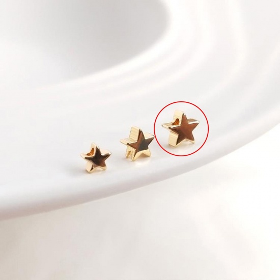 Picture of 10 PCs Eco-friendly Brass Beads For DIY Jewelry Making 14K Real Gold Plated Pentagram Star Smooth Blank About 6mm Dia., Hole: Approx 2.5mm