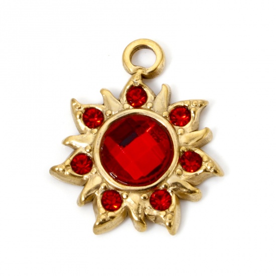 Image de 2 Pcs Breloques en 304 Acier Inoxydable Placage sous Vide PVD Respectueux de l'Environnement Galaxie Soleil Plaqué Or Véritable 18K à Strass Rouge 24mm x 20.5mm