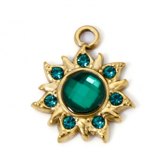 Image de 2 Pcs Breloques en 304 Acier Inoxydable Placage sous Vide PVD Respectueux de l'Environnement Galaxie Soleil Plaqué Or Véritable 18K à Strass Vert 24mm x 20.5mm
