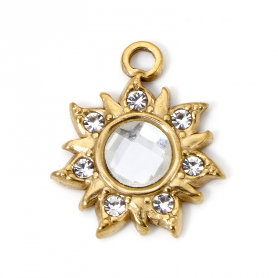 Image de 2 Pcs Breloques en 304 Acier Inoxydable Placage sous Vide PVD Respectueux de l'Environnement Galaxie Soleil Plaqué Or Véritable 18K à Strass Transparent 24mm x 20.5mm