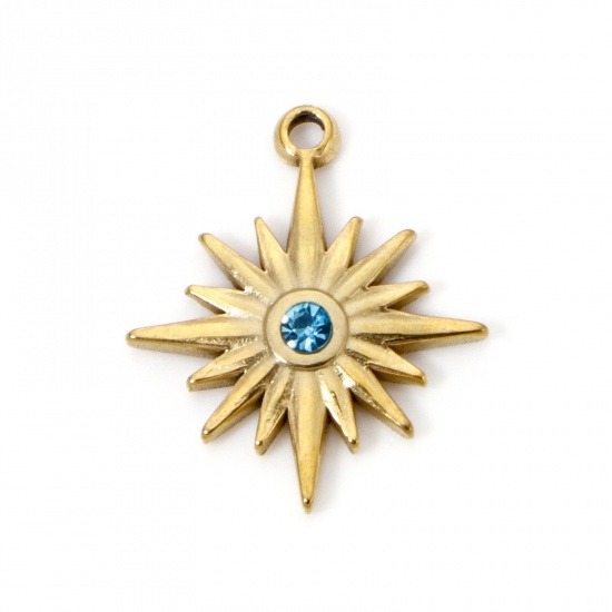 Imagen de 2 Unidades Recubrimiento al Vacío PVD Ecológico 304 Acero Inoxidable Galaxia Colgantes Estrella 18K Oro Real Chapado Azul Rhinestone 20mm x 17mm