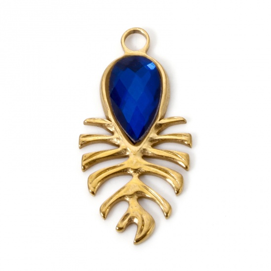 Picture of 2 PCs Eco-friendly PVD Vacuum Plating 304 Stainless Steel Flora Collection Pendants 18K Real Gold Plated Drop Monstera Leaf Royal Blue Rhinestone 3cm x 1.5cm