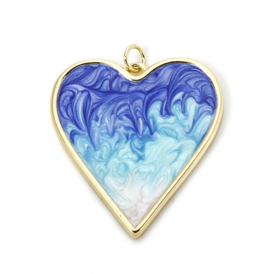 Picture of 1 Piece Eco-friendly Brass Valentine's Day Pendants 18K Real Gold Plated Blue Gradient Color Heart Enamel 3.4cm x 3cm