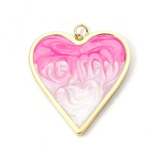 Picture of 1 Piece Eco-friendly Brass Valentine's Day Pendants 18K Real Gold Plated Pink Gradient Color Heart Enamel 3.4cm x 3cm