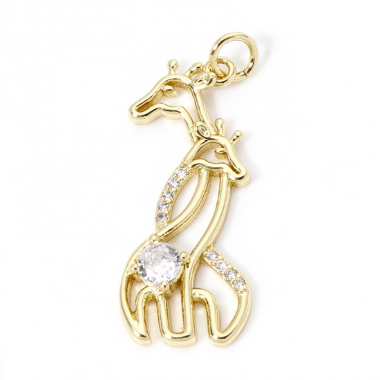 Immagine di 1 Pz Ecologico Ottone Micro Intarsio Ciondoli Pendenti Giraffe 18K Vero Oro Placcato Filigrana Trasparente Cubic Zirconiae 3.2cm x 1.2cm