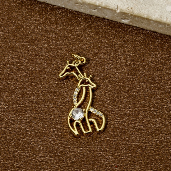 Immagine di 1 Pz Ecologico Ottone Micro Intarsio Ciondoli Pendenti Giraffe 18K Vero Oro Placcato Filigrana Trasparente Cubic Zirconiae 3.2cm x 1.2cm