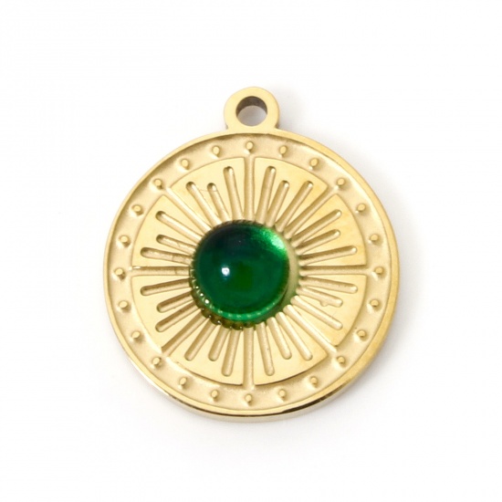 Immagine di 2 Pz Placcatura Sottovuoto PVD Ecologica 304 Acciaio Inossidabile Ciondoli Placcato Oro 18K Verde Tondo Disco 14mm x 12mm
