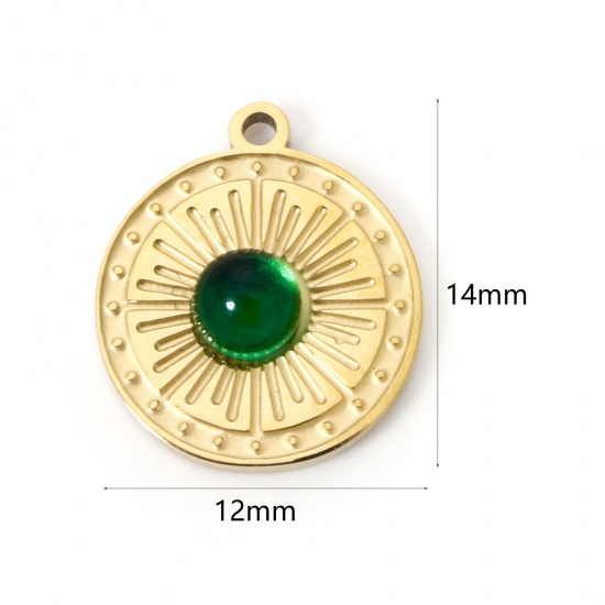 Immagine di 2 Pz Placcatura Sottovuoto PVD Ecologica 304 Acciaio Inossidabile Ciondoli Placcato Oro 18K Verde Tondo Disco 14mm x 12mm