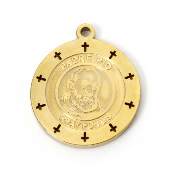 Picture of 2 PCs Vacuum Plating 304 Stainless Steel Charms 18K Gold Plated Round Padre Pio 21mm x 18mm