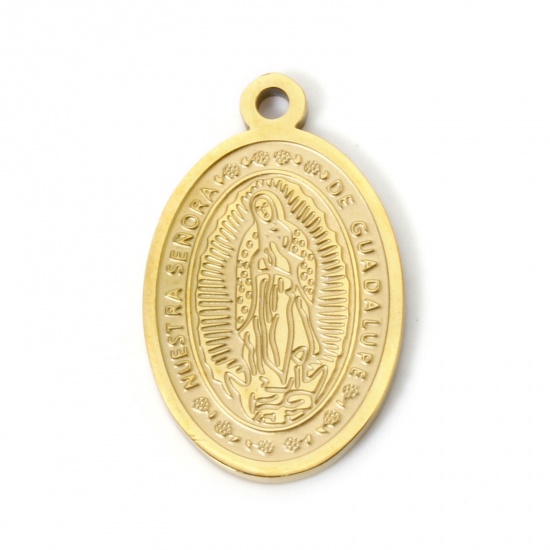 Picture of 2 PCs Vacuum Plating 304 Stainless Steel Charms 18K Gold Plated Oval Virgin Mary 25.5mm x 16mm