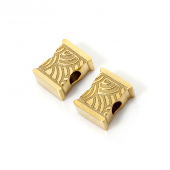 Picture of 2 PCs Eco-friendly PVD Vacuum Plating 304 Stainless Steel Beads For DIY Jewelry Making 18K Gold Plated Bamboo-shaped Texture 8mm x 6mm