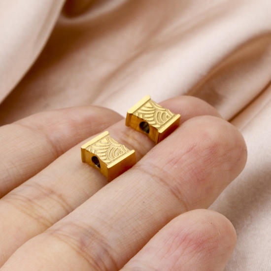 Picture of 2 PCs Eco-friendly PVD Vacuum Plating 304 Stainless Steel Beads For DIY Jewelry Making 18K Gold Plated Bamboo-shaped Texture 8mm x 6mm