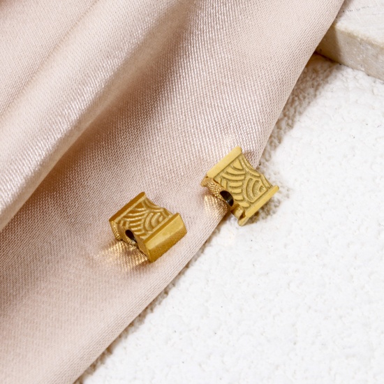 Picture of 2 PCs Eco-friendly PVD Vacuum Plating 304 Stainless Steel Beads For DIY Jewelry Making 18K Gold Plated Bamboo-shaped Texture 8mm x 6mm
