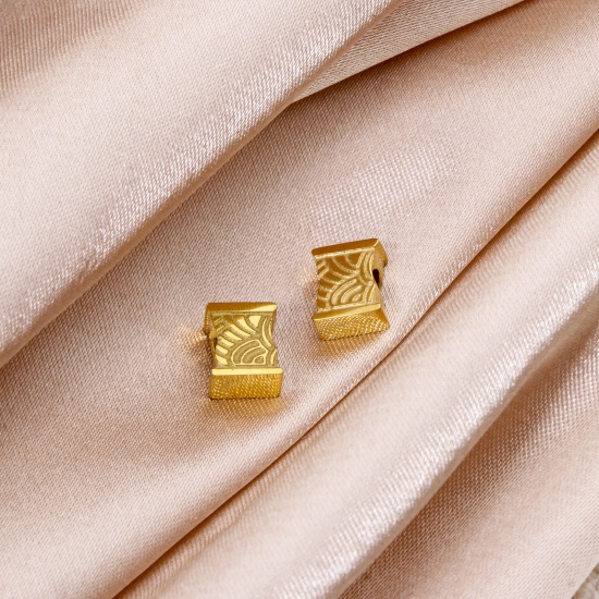 Picture of 2 PCs Eco-friendly PVD Vacuum Plating 304 Stainless Steel Beads For DIY Jewelry Making 18K Gold Plated Bamboo-shaped Texture 8mm x 6mm