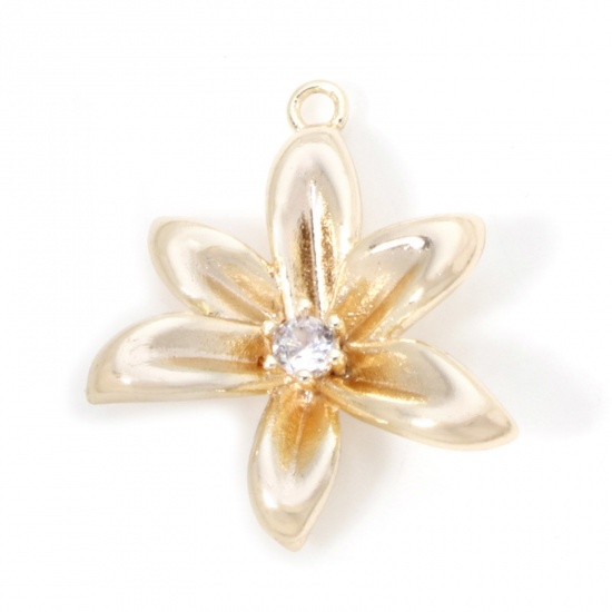 Imagen de 2 Unidades Respetuoso del Medio Ambiente Latón Colgantes Flor 18K Oro Real Chapado Claro Circón Artificial 21mm x 18mm