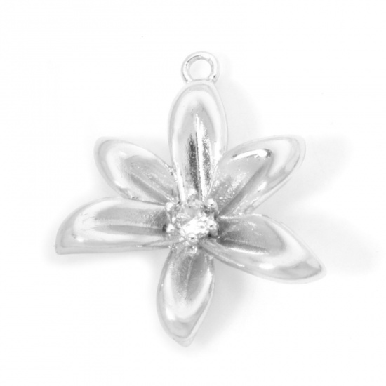 Imagen de 2 Unidades Respetuoso del Medio Ambiente Latón Colgantes Flor Platino Real Chapado Claro Circón Artificial 21mm x 18mm