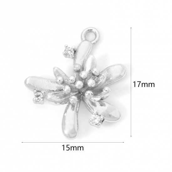 Imagen de 2 Unidades Respetuoso del Medio Ambiente Latón Colgantes Flor Platino Real Chapado Claro Circón Artificial 17mm x 15mm