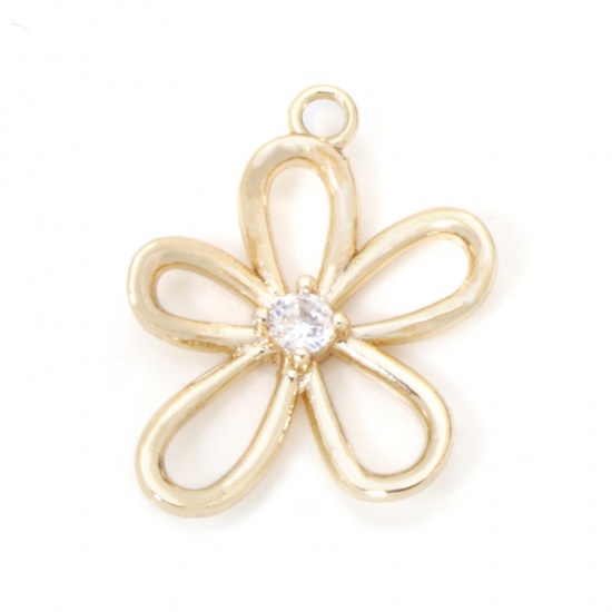Imagen de 2 Unidades Respetuoso del Medio Ambiente Latón Colgantes Flor 18K Oro Real Chapado Hueco Claro Circón Artificial 17mm x 14mm