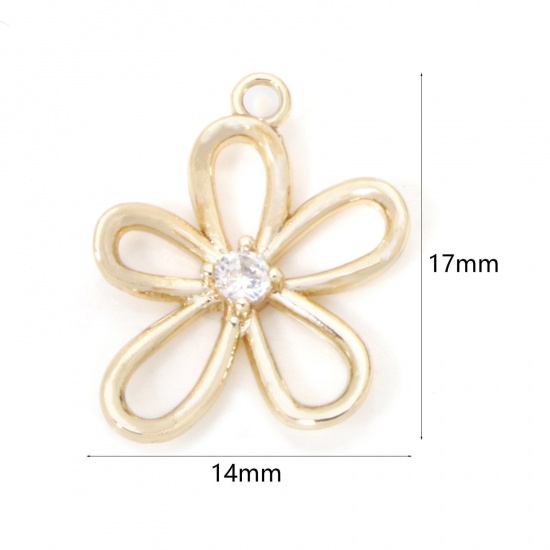 Imagen de 2 Unidades Respetuoso del Medio Ambiente Latón Colgantes Flor 18K Oro Real Chapado Hueco Claro Circón Artificial 17mm x 14mm
