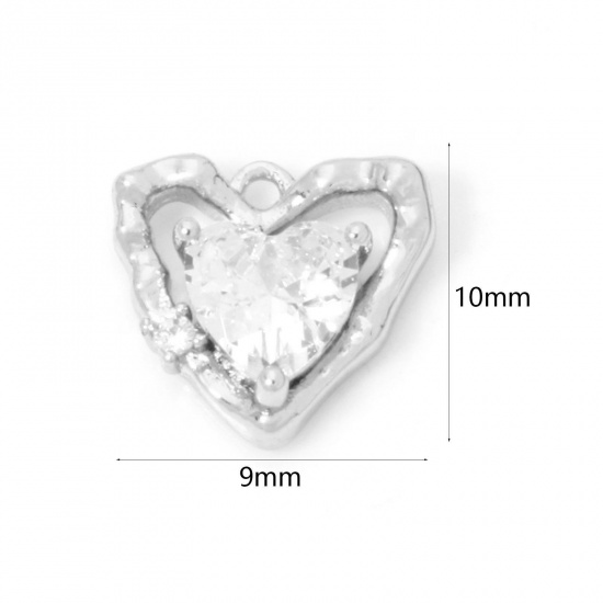 2 個 エコフレンドリー 真鍮 バレンタイン・デー チャーム ハート リアルプラチナメッキ クリアジルコン 10mmx 9mm、 の画像