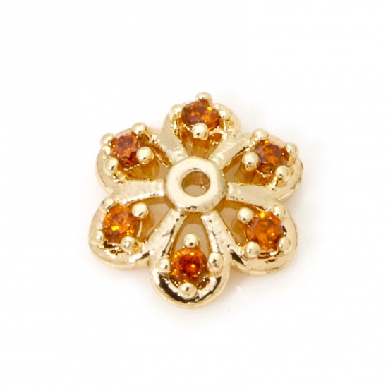 Picture of 5 PCs Eco-friendly Brass Beads Caps Flower 18K Real Gold Plated Hollow Orange Cubic Zirconia (Fit 10mm Bead) 7mm x 7mm