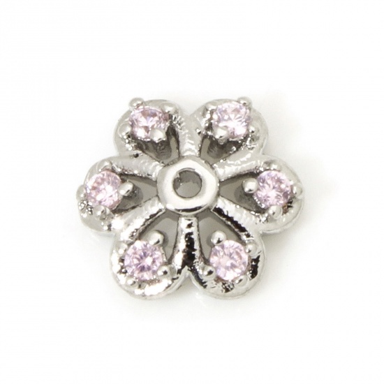 Picture of 5 PCs Eco-friendly Brass Beads Caps Flower Real Platinum Plated Hollow Pink Cubic Zirconia (Fit 10mm Bead) 7mm x 7mm