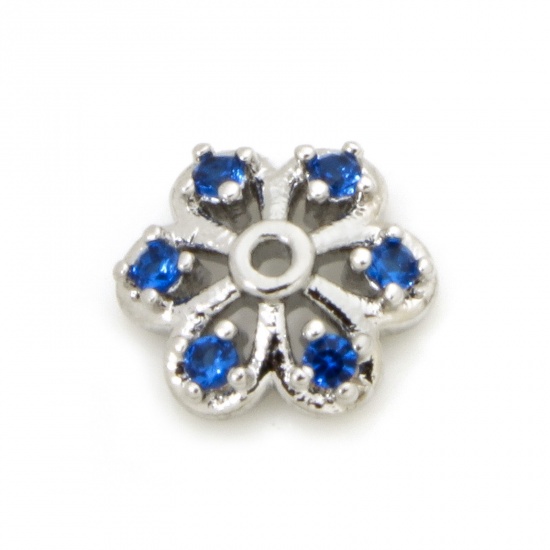 Picture of 5 PCs Eco-friendly Brass Beads Caps Flower Real Platinum Plated Hollow Blue Cubic Zirconia (Fit 10mm Bead) 7mm x 7mm