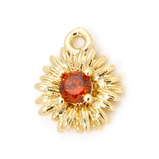 Picture of 5 PCs Eco-friendly Brass Mini Charm Tiny Charm 18K Real Gold Plated Daisy Flower Orange-red Cubic Zirconia 9mm x 8mm