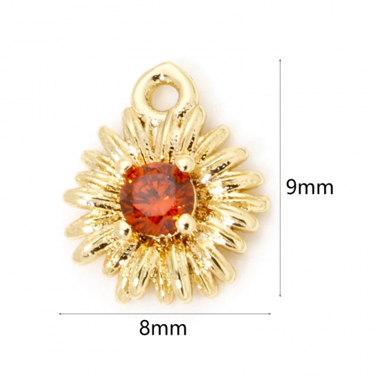 Picture of 5 PCs Eco-friendly Brass Mini Charm Tiny Charm 18K Real Gold Plated Daisy Flower Orange-red Cubic Zirconia 9mm x 8mm