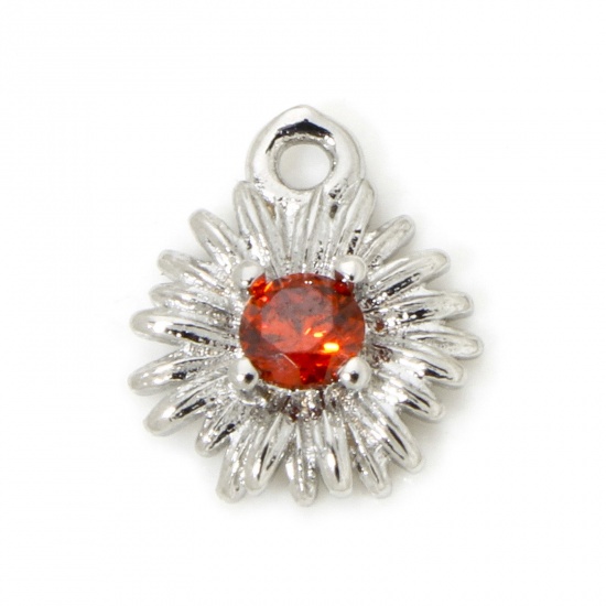 Picture of 5 PCs Eco-friendly Brass Mini Charm Tiny Charm Real Platinum Plated Daisy Flower Orange-red Cubic Zirconia 9mm x 8mm