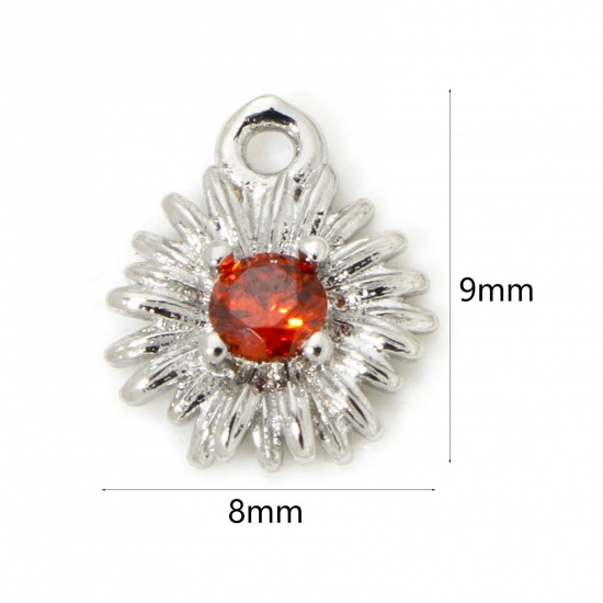 Picture of 5 PCs Eco-friendly Brass Mini Charm Tiny Charm Real Platinum Plated Daisy Flower Orange-red Cubic Zirconia 9mm x 8mm