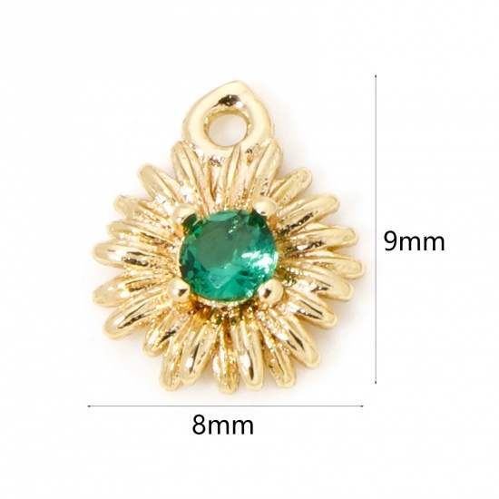 Picture of 5 PCs Eco-friendly Brass Mini Charm Tiny Charm 18K Real Gold Plated Daisy Flower Green Cubic Zirconia 9mm x 8mm