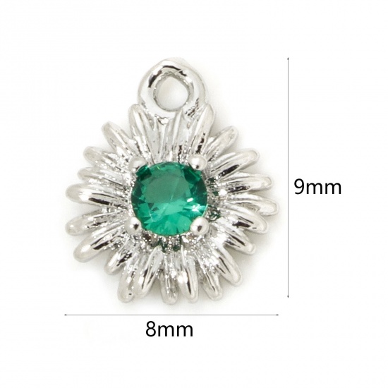 Picture of 5 PCs Eco-friendly Brass Mini Charm Tiny Charm Real Platinum Plated Daisy Flower Green Cubic Zirconia 9mm x 8mm