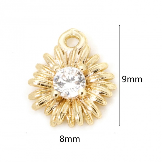 Picture of 5 PCs Eco-friendly Brass Mini Charm Tiny Charm 18K Real Gold Plated Daisy Flower Clear Cubic Zirconia 9mm x 8mm