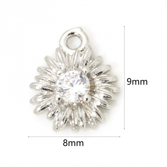 Picture of 5 PCs Eco-friendly Brass Mini Charm Tiny Charm Real Platinum Plated Daisy Flower Clear Cubic Zirconia 9mm x 8mm