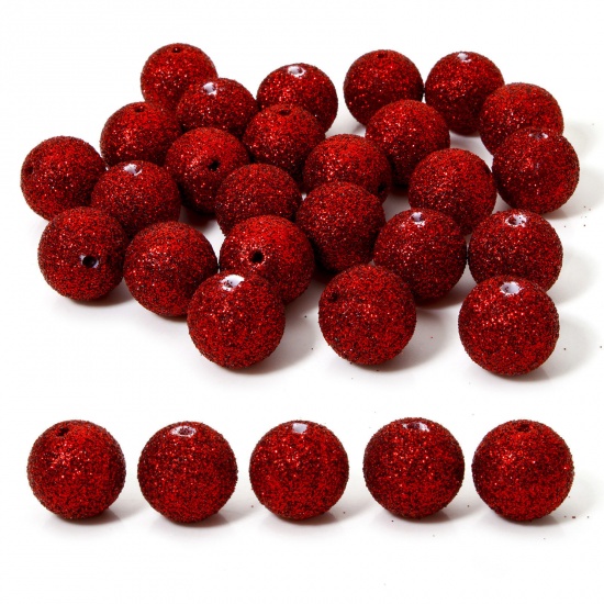 Picture of 10 PCs Acrylic Christmas Beads For DIY Jewelry Making Red Round Glitter About 16mm Dia., Hole: Approx 2.2mm