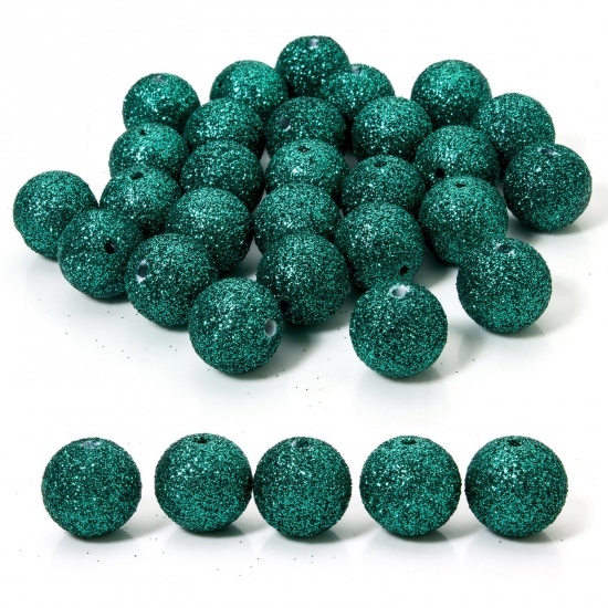 Picture of 10 PCs Acrylic Christmas Beads For DIY Jewelry Making Green Round Glitter About 16mm Dia., Hole: Approx 2.2mm