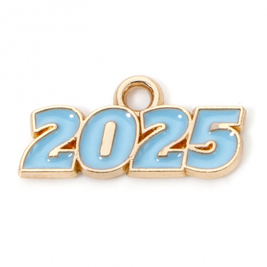 Immagine di 50 Pz Lega di Zinco Anno Ciondoli Oro Placcato Blu Lettere " 2025 " Smalto 18mm x 9mm