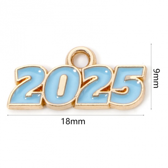 Immagine di 50 Pz Lega di Zinco Anno Ciondoli Oro Placcato Blu Lettere " 2025 " Smalto 18mm x 9mm